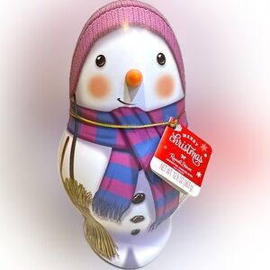 SNOWMAN HAT SCARF PURPLE BLUE CANDY CAPSULE TIN 9.5” GIFT WRAP BOX DECOR HOLIDAY